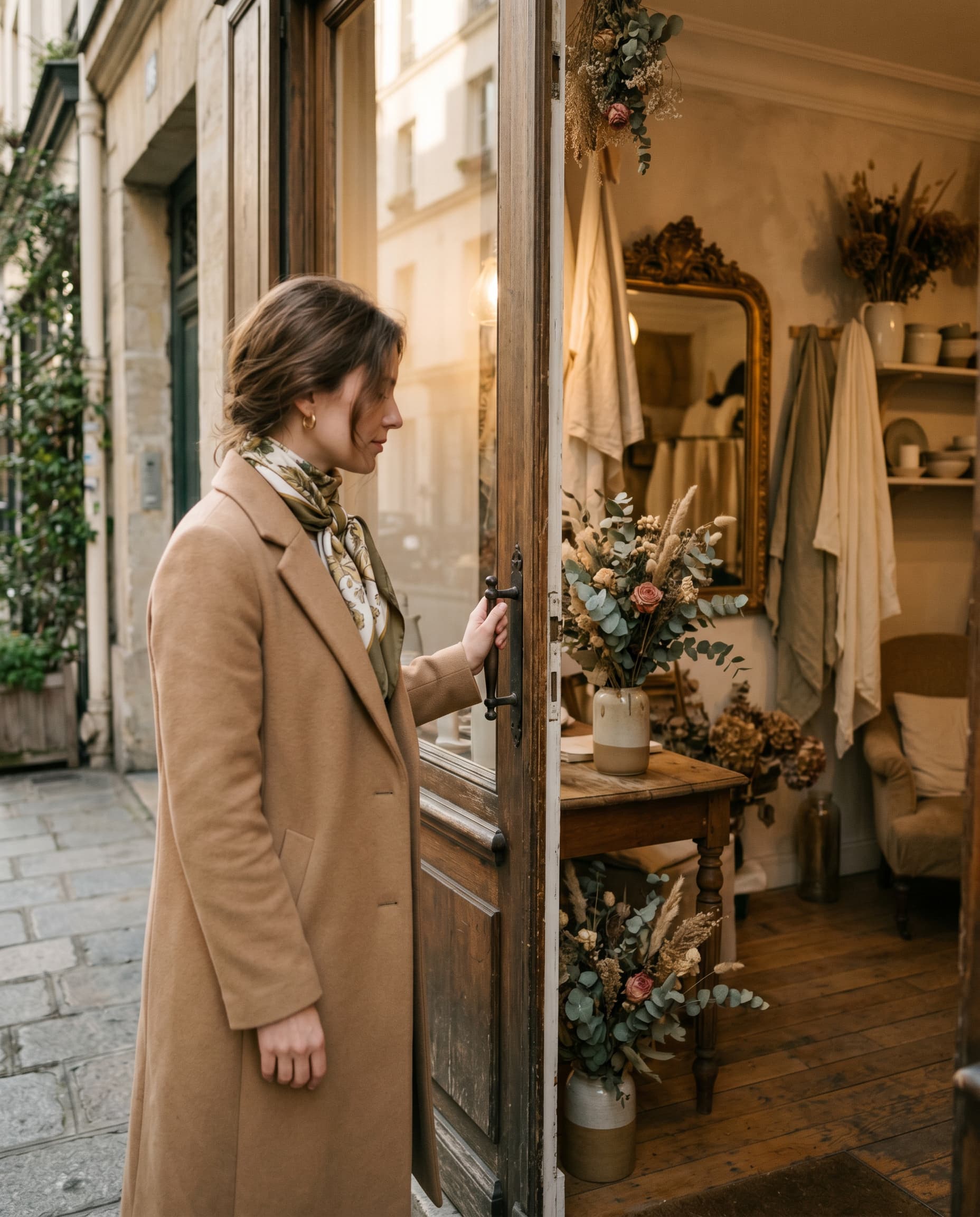 Une femme pousse la porte d'une boutique de créatrice à Paris