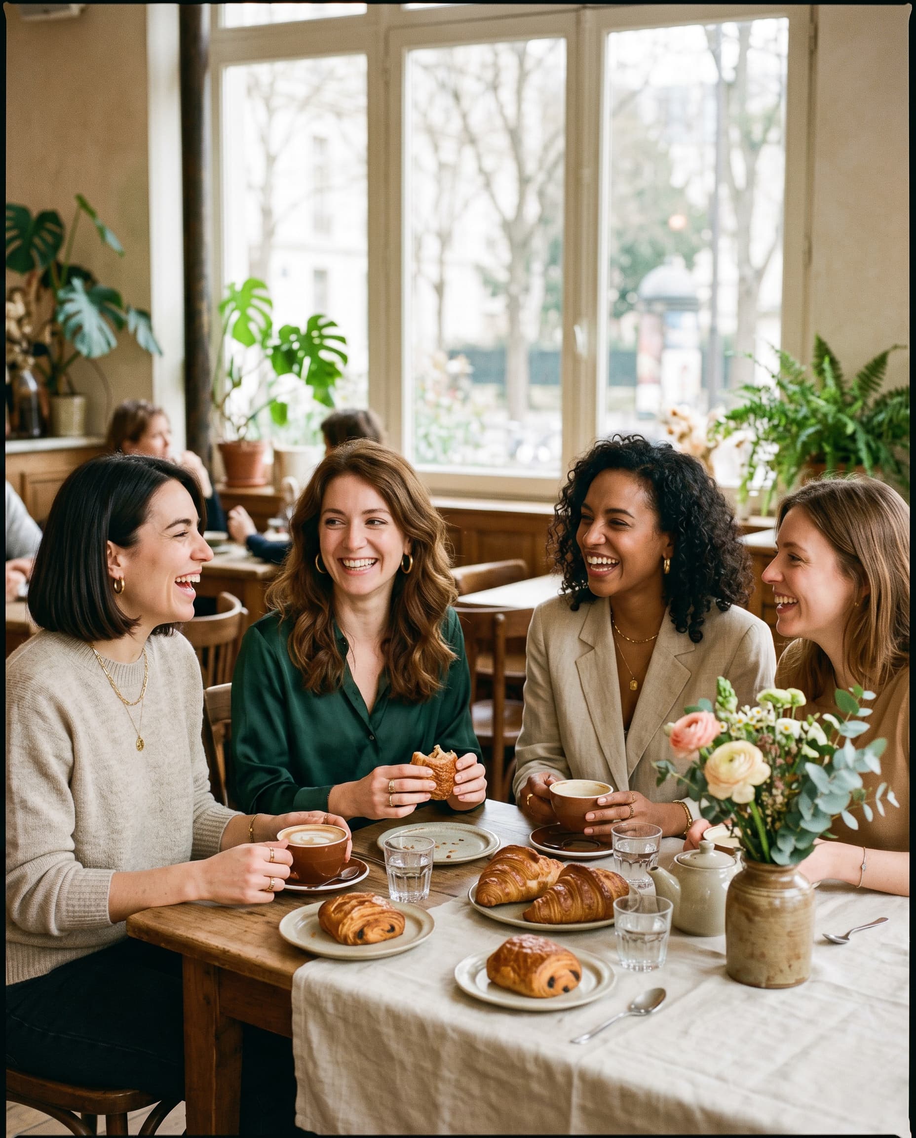 Quatre femmes partagent un brunch dans un café chaleureux